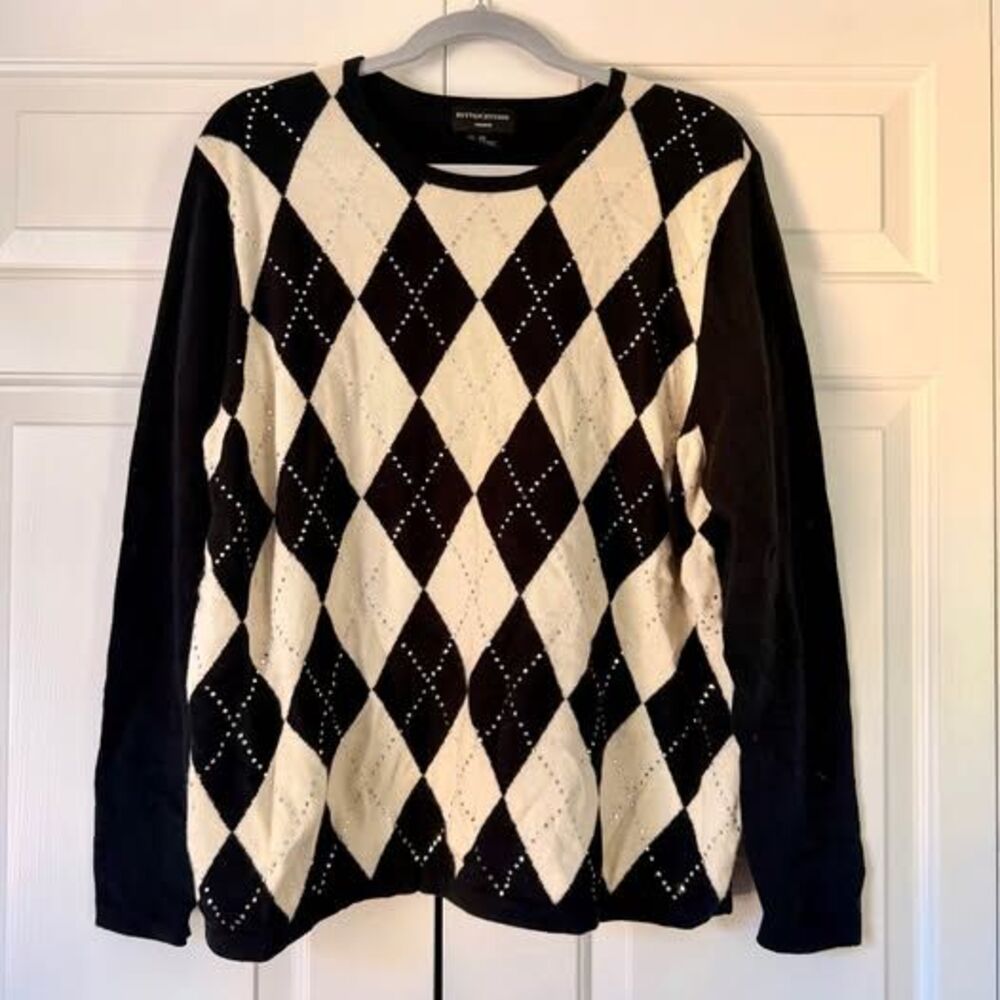 Sutton Studio Rhinestone Argyle 100% Cashmere Sweater — Women’s 2X